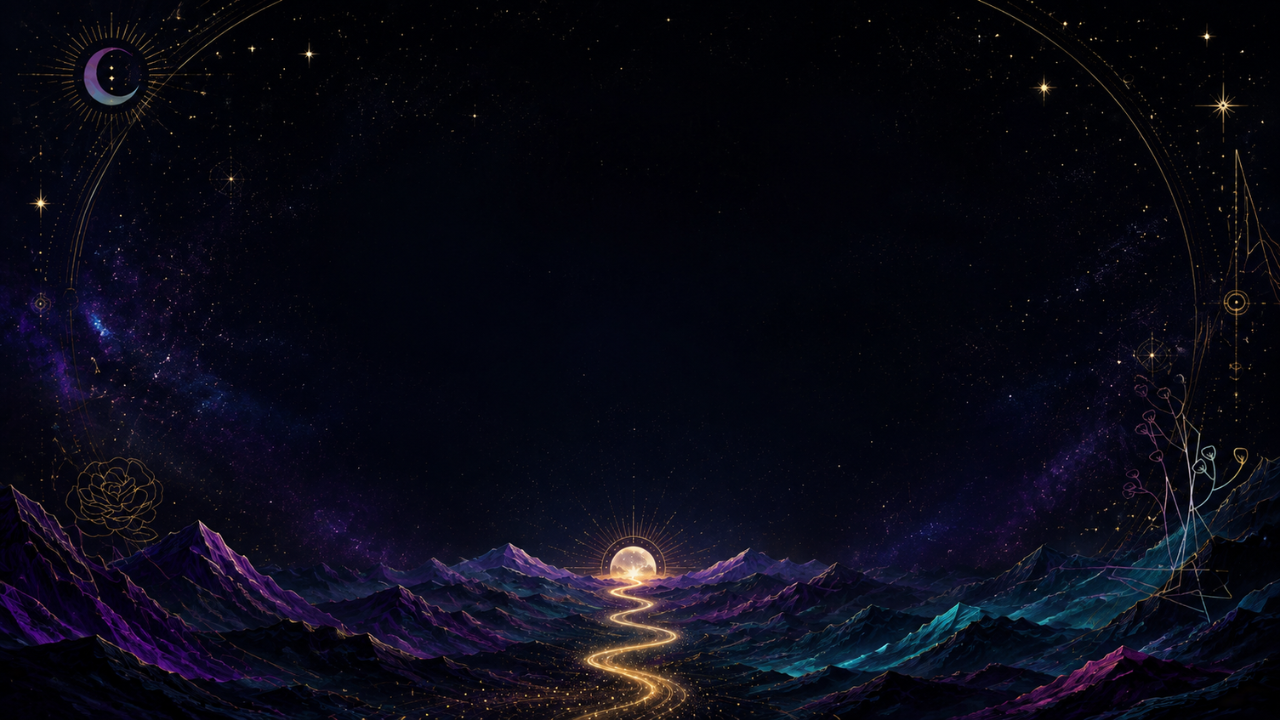 A luminous path moving through a cosmic mountain landscape